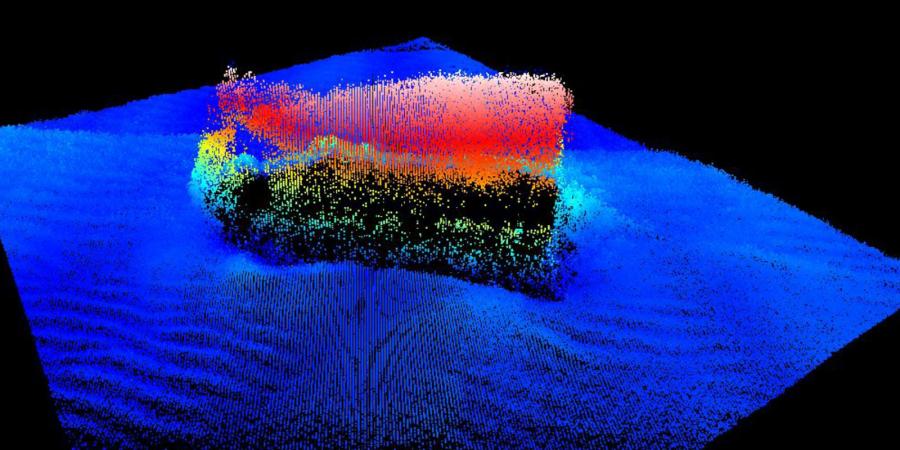 Multibeam bathymetry showing the inverted stern and rudder of one of the Landing Ship Tanks wrecks 
